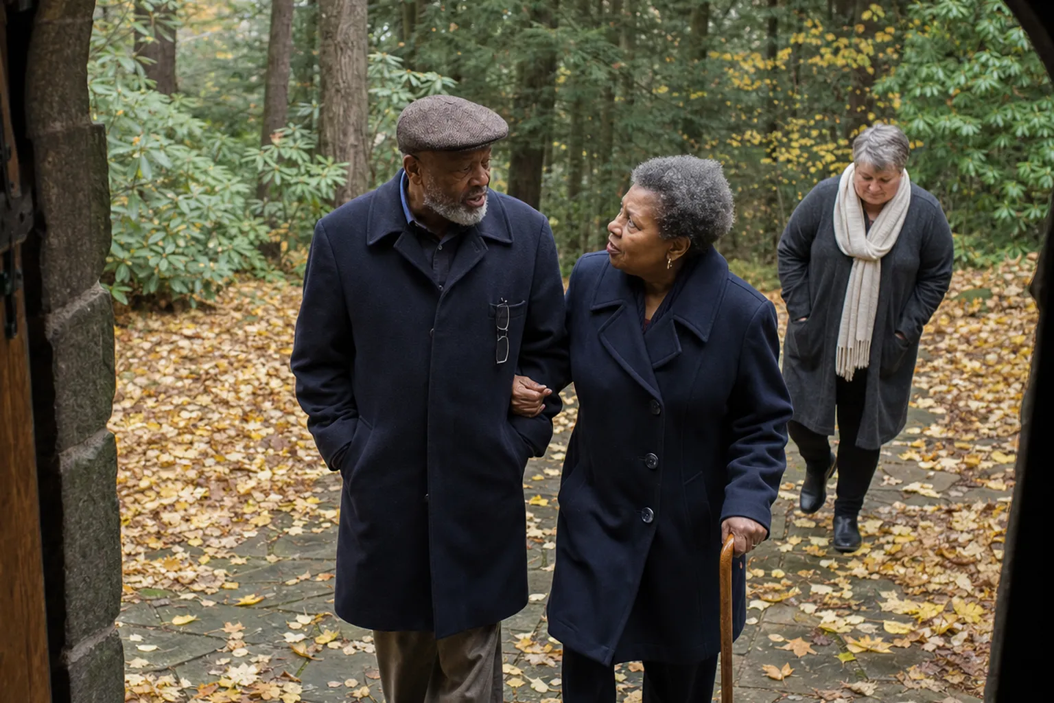 An older couple walks arm in arm up a leaf-strewn stone path toward the open door, she with a cane, and a woman in a pale scarf follows on her own.