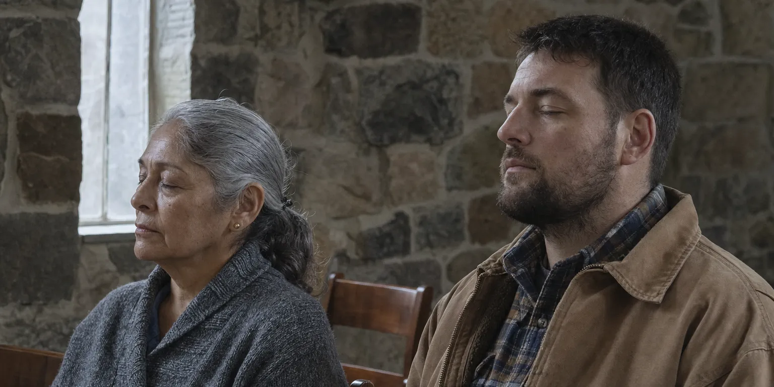 Two people sit with their eyes closed by a window in a stone chapel.